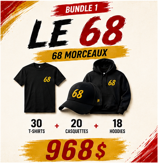 Bundle 68 morceaux : t-shirt, hoodie et casquette noirs avec le 68 doré