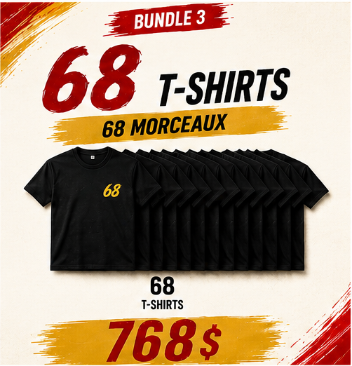 Lot de 68 t-shirts noirs personnalisés avec le 68 doré